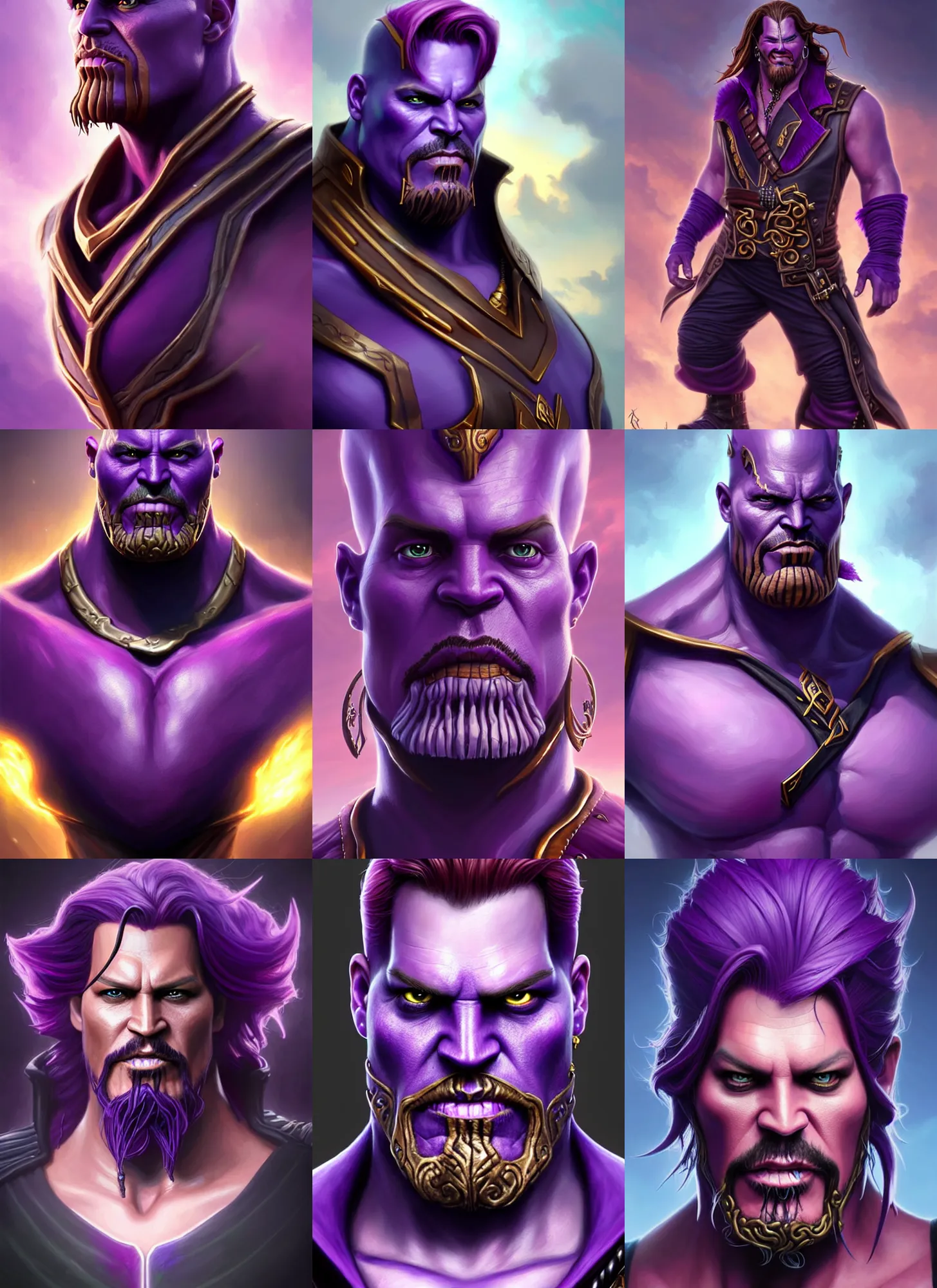 Prompt: a fantasy style portrait painting a character if john depp ( caribbean pirate ) and thanos had a son, purple skin, powerful chin, thanos style traits, painting, unreal 5, daz., rpg, portrait, extremely detailed, artgerm greg rutkowski _ greg