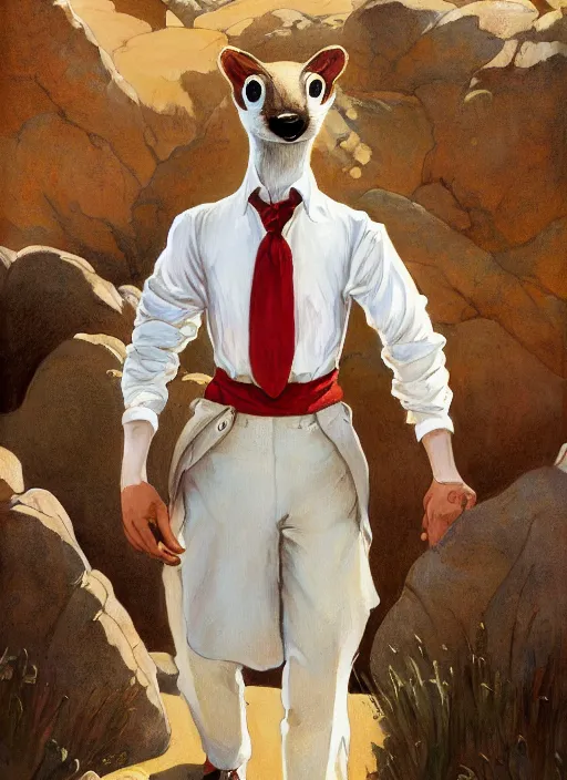 Image similar to Character portrait of a happy furry anthro stoat wearing a white dress shirt, tan vest, red bowtie, and black slacks in the desert wilderness, intricate, elegant, highly detailed, digital painting, artstation, concept art, smooth, sharp focus, illustration, art by Krenz Cushart and Artem Demura and alphonse mucha