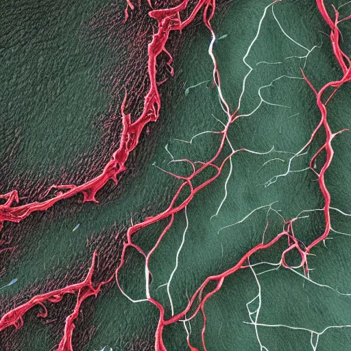 Prompt: landscape of veins as rivers under the human skin, truly biological picture, 4k. hyper detailed, hyper realistic, fleshy,