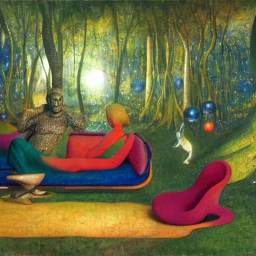 Image similar to psychedelic couch sofa in the lush forest, milky way, designed by arnold bocklin, jules bastien - lepage, tarsila do amaral, wayne barlowe and gustave baumann, cheval michael, trending on artstation, mediterranean, star, sharp focus, colorful refracted sparkles and lines, soft light, 8 k 4 k