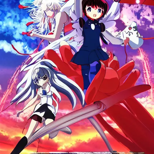 Image similar to incredibly powerful anime girl, created by hideaki anno + katsuhiro otomo, rumiko takahashi, movie poster style, box office hit, a masterpiece of storytelling, main character center focus, monsters, mech creatures locked in combat, nuclear explosions paint sky, highly detailed 8 k