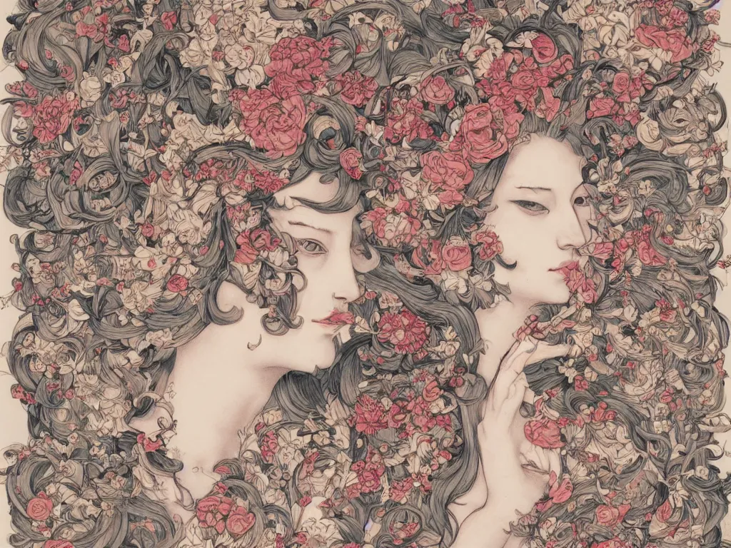 Image similar to james jean long hair with flowers baroque