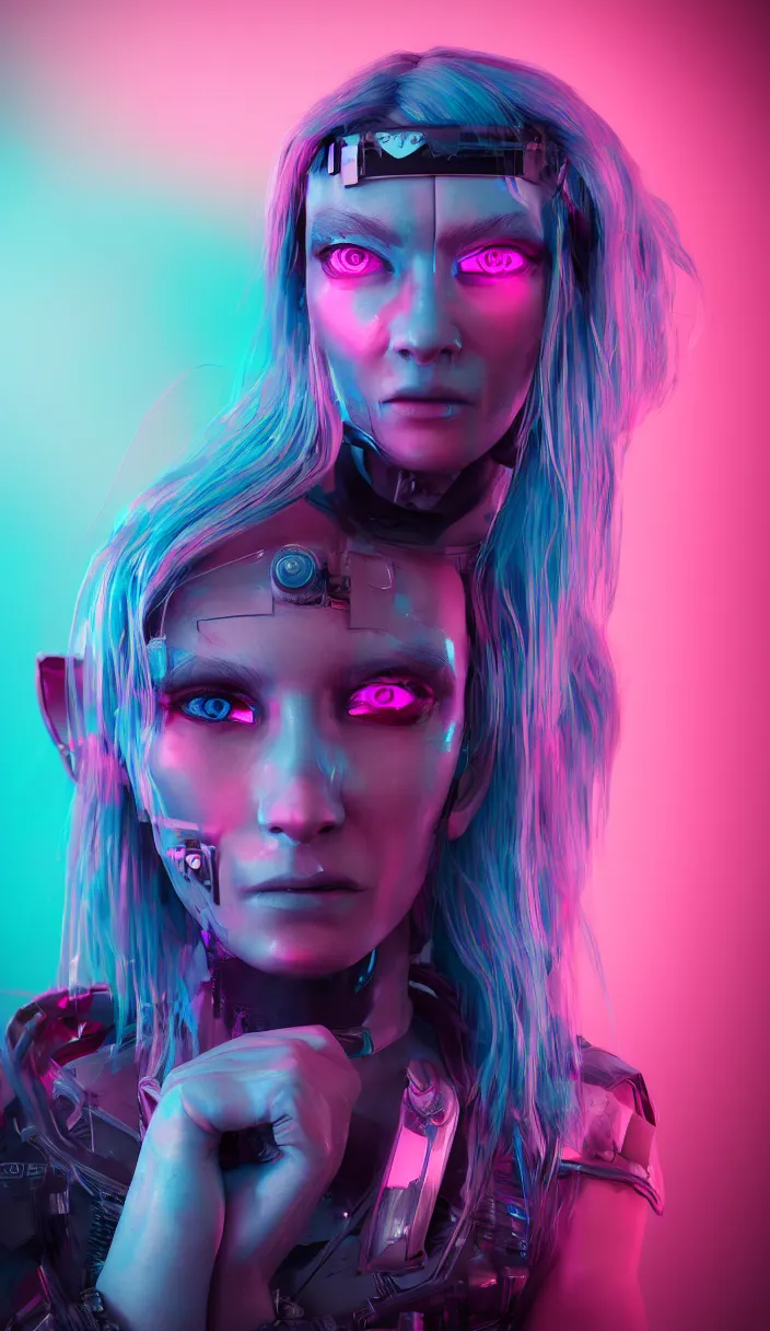 Image similar to a portrait of a cyberpunk woman, blue neon hair, pink eyes, hyperdetailed, rtx, hdr, 3 d render, octabe render, 8 k.