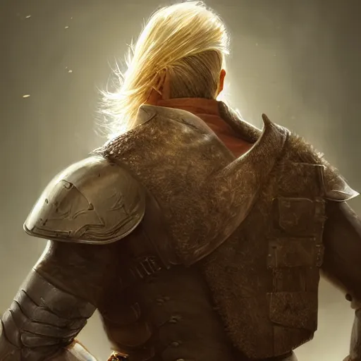 Prompt: rear side portrait of a muscular, ponytail haired blonde man with only left arm armored, wearing a thick brown leather coat, looking to his left, DnD, fantasy, dramatic lighting, digital art by Ruan Jia, Donglu Yu