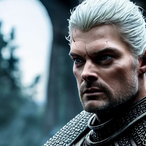 Image similar to karl urban as the witcher, 4 k, epic, cinematic, focus, movie still, fantasy, serious, extreme detail, atmospheric, dark colour