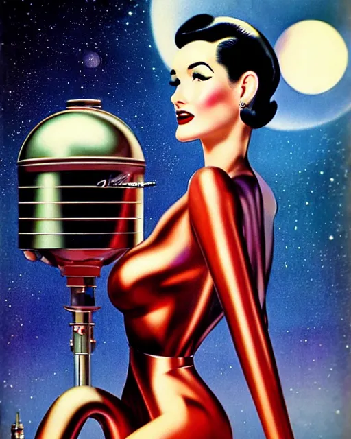 Image similar to closeup beautiful retro space dita von teese posing with a chrome robot in diesel punk city at night, pinup, windblown dark hair, seductive, hyper detailed, digital art, smooth, sharp focus, luis royo, gil elvgren, alberto vargas, 1 9 5 0, when mars attacks