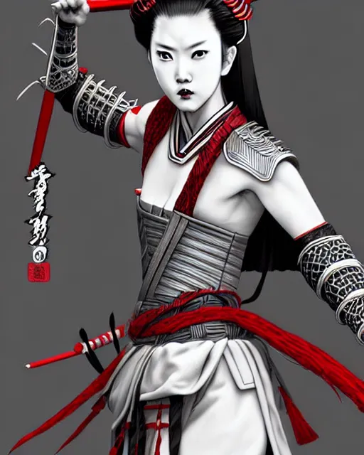 Image similar to beautiful samurai warrior woman only, manga style only, black white and red colors only, symmetrical face and full body, demonic, cinematic, powerful, super detailed and intricate, hyper realistic, 4 k render, by artgerm, by kyoung hwan kim, by ralph mcquarrie, by yoshiyuki tomino