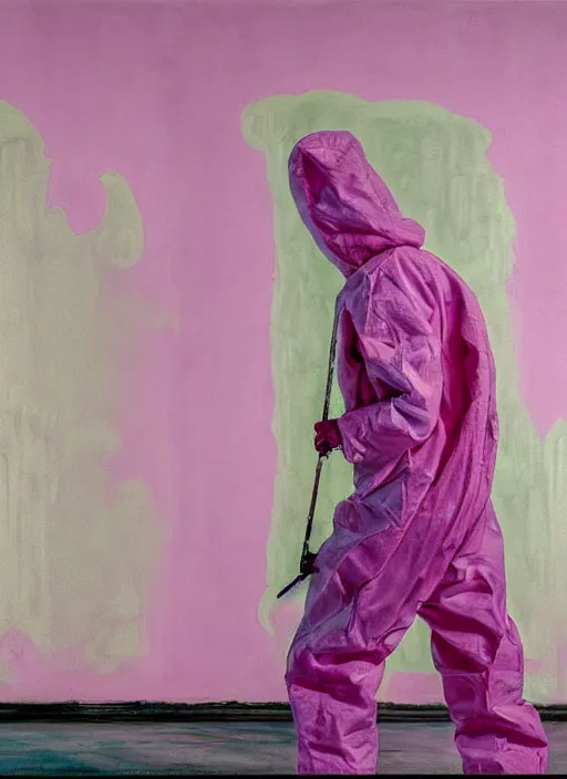 Prompt: a skinny, starving artist in a hazmat suit, painting the walls inside a deserted chernobyl, hauntingly surreal, highly detailed painting by francis bacon, edward hopper, adrian ghenie, gerhard richter, and james jean, soft light 4 k in pink, green and blue colour palette, science fiction, highly detailed