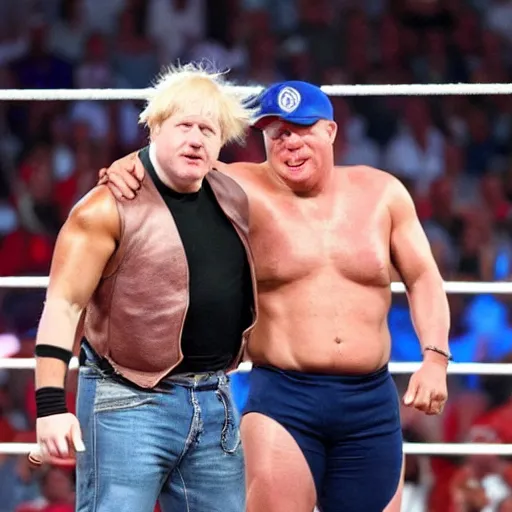 Image similar to boris johnson wearing a blue baseball cap hat and jeans in wwe as a muscular wrestler. he is holding one hand near his face