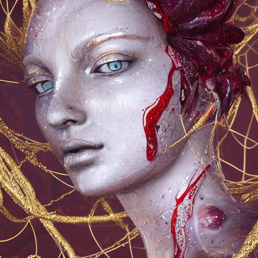 Image similar to abstract highly detailed female sculpture drawing made of white marble and red crystals quartz and minerals, ethereal lights, fine details, artstation, digital paint, fantasy, cinematic photoshooting, illustration, 8 k, intricate golden filigree, octane render, hypperrealistic painting, abstract liquid acrylic art, painting by james gilleard and minna sundberg