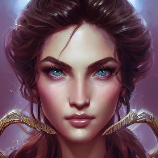 Image similar to close up portrait of a retrowave young woman, D&D, fantasy, intricate, elegant, highly detailed, digital painting, artstation, concept art, matte, sharp focus, illustration, hearthstone, art by Artgerm and Greg Rutkowski and Alphonse Mucha