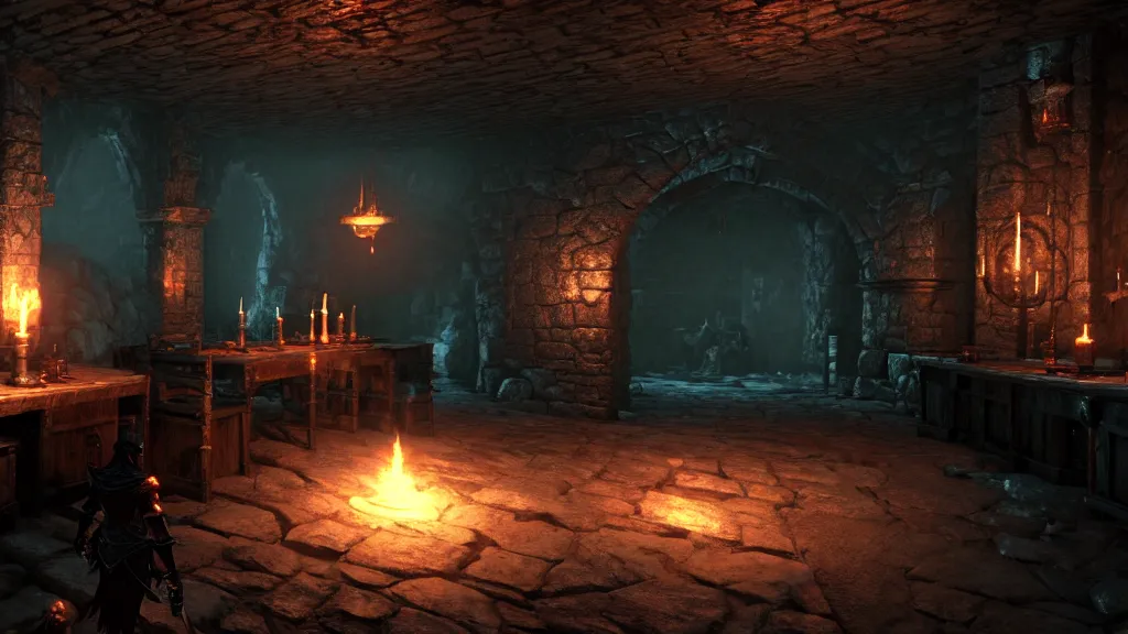 Prompt: delicious torch lit prison dungeon jail cell alchemist light magic skulls scattered around atmospheric unreal engine hyperreallistic render 8k character concept art masterpiece screenshot from the video game the Elder Scrolls V: Skyrim moody orange 2700K global illumination