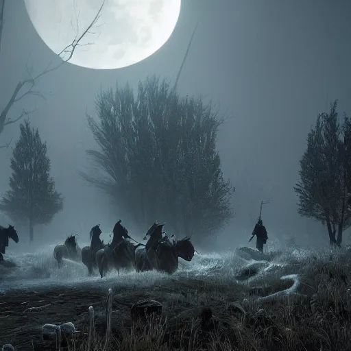 Image similar to the wild hunt, wraiths riding in the sky, mythical creatures in undead nightmare, bad omen, enchanted forest, blizzard storm, fog, full moon, snowy environment, in the style of the witcher series, hyperrealism, atmospheric, cinematic, uneasy, breathtaking, award winning, groundbreaking, octane render, unreal 5, intricate digital art, sharp focus, 8 k