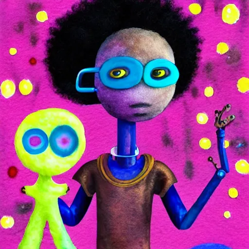 Prompt: a black girl with a colorful afro and rainbow eyes and her steampunk robot, bright colours, bokeh!! watercolor, volumetric wool felting, macro photography, children illustration, by goro fujita