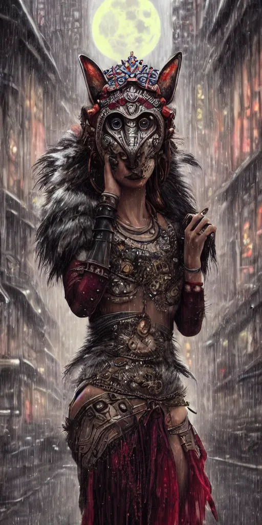 Image similar to hyper realistic Princess Mononoke, ornate mask, wet market street, rainy atmosphere, full moon, cyberpunk metropolis, city landscape, jewels, full body pose, wolves, style of tom bagshaw, mucha, james gurney, norman rockwell, denoised, sharp