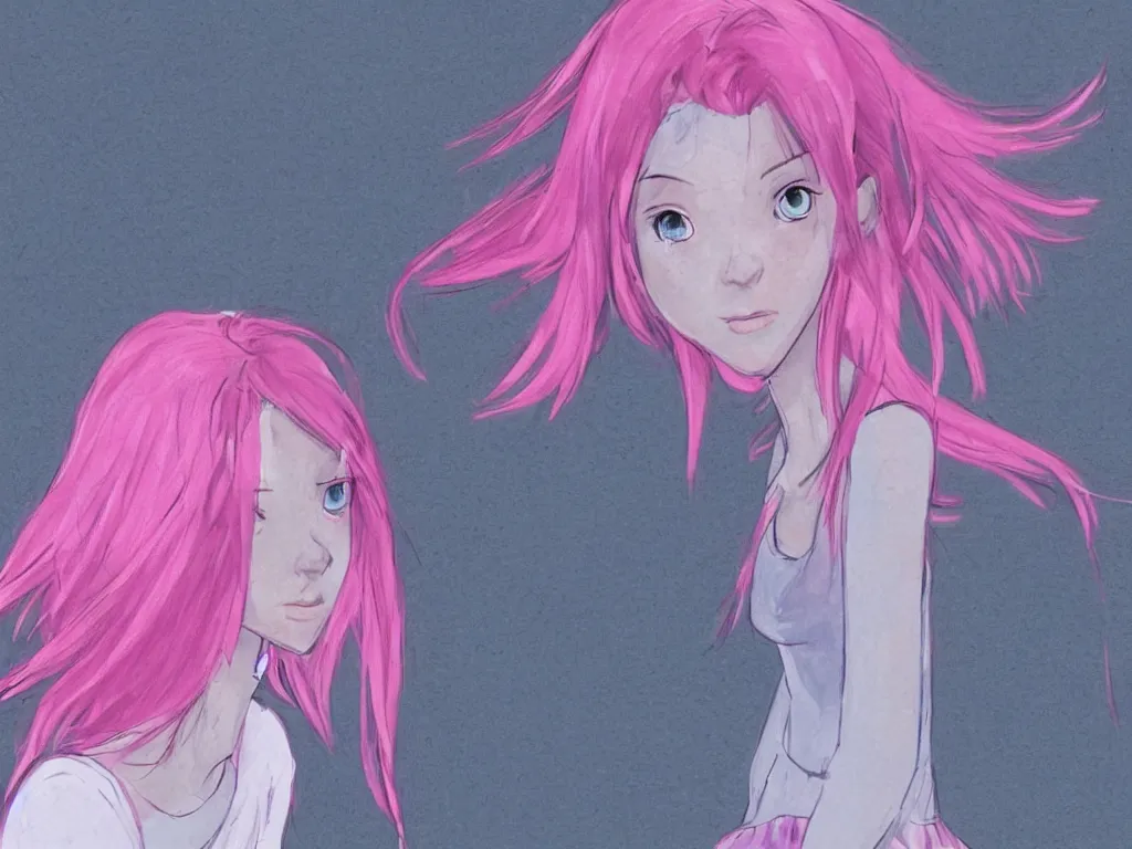 Prompt: concept art for the main character in the award winning film named life is better in pink. the character is a unnaturally attractive teenage girl with deep blue eyes and pink dyed hair, wearing only light pink clothes.