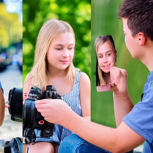 Prompt: young male photographer and young blonde female photographer comparing photos of small town real life, 8 k, 4 k uhd, realistic, hyper realistic, super detailed, very detailed, detailed