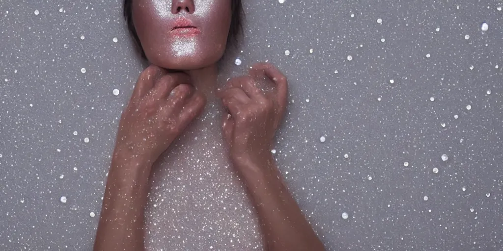 Image similar to glitter and droplets of clear water on beautiful skin, no face, no head