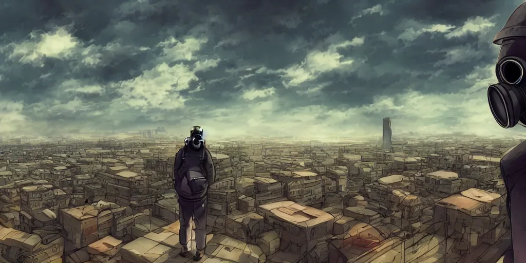 Image similar to A Guy with gas mask on top of a car looking at the city in the distance horizon, Digital art, Anime Style, Cinematic, Stalker Style, Post apocalypse