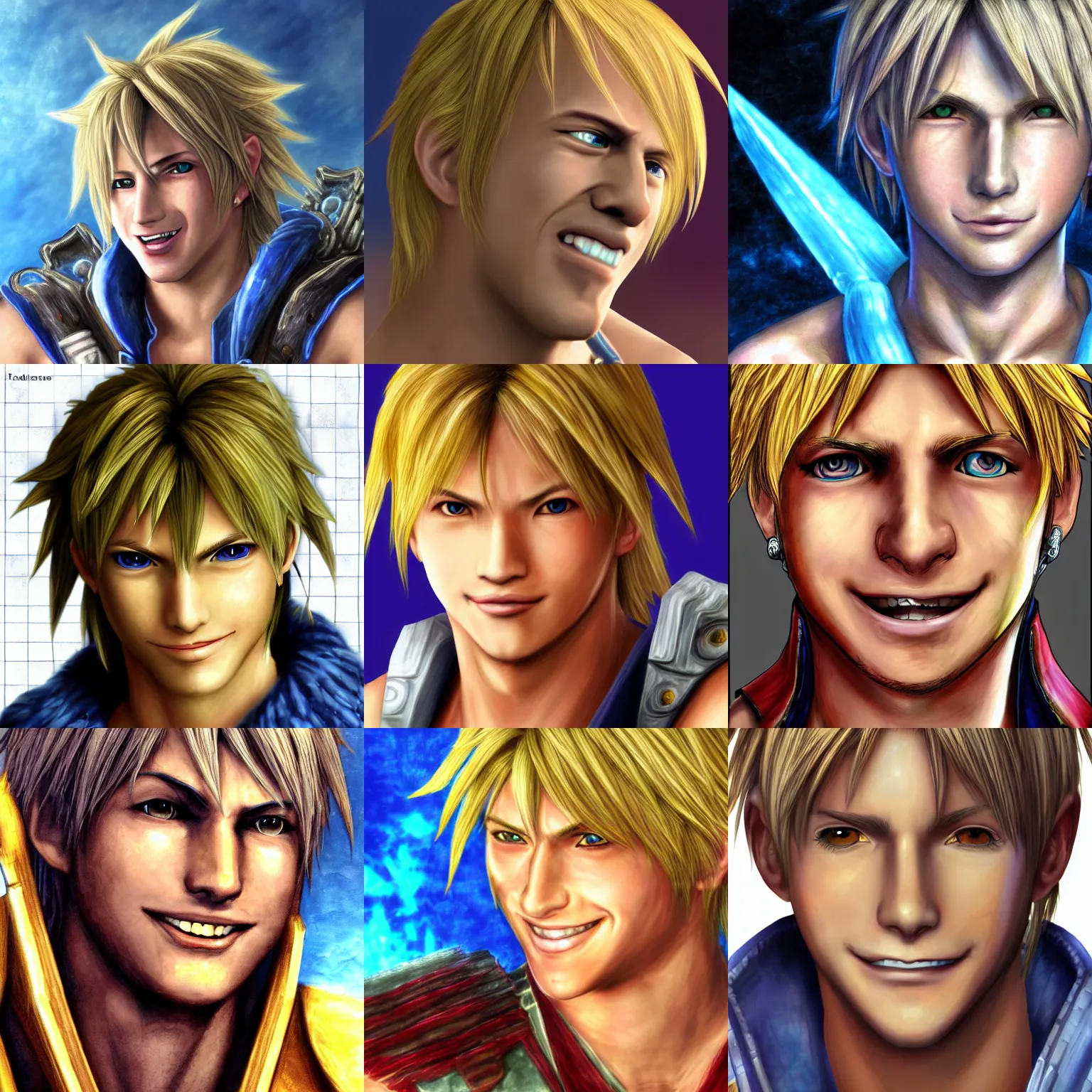 Prompt: tidus from ffx face portrait smiling terrible ugly deviantart
