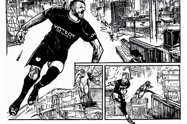 Image similar to jamie vardy scoring a goal, a page from cyberpunk 2 0 2 0, style of paolo parente, style of mike jackson, adam smasher, johnny silverhand, 1 9 9 0 s comic book style, white background, ink drawing, black and white
