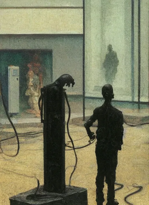 Image similar to 2 dark figures like statues covered in wires at a gas station with portable oxygen tank in the style of Edward Hopper and Francis Bacon and Norman Rockwell, Zdzislaw Beksinski, highly detailed, very coherent