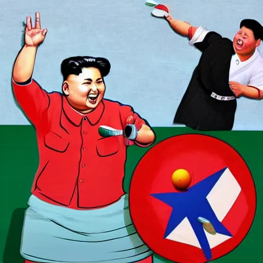 Image similar to Kim Jong Un playing ping pong and being really happy, photorealistic