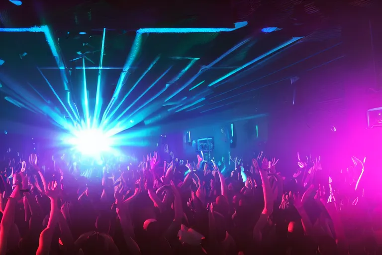 Image similar to crowd partying with their hands up at a club, volumetric lighting, haze, moving heads light beams, spot lights, disco ball, dj on stage with raised hands at the far end, silhouette, digital art, trending on artstation, 4k, unreal engine, intricate, ornate