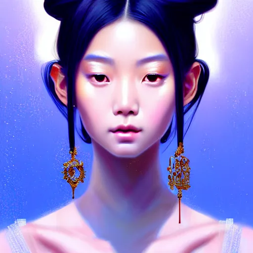 Image similar to digital painting of a close up face portrait of an elegant, beautiful, sophisticated, fashionable, pretty, young burmese - japanese depressed model, lucid pulsar star energy. intricate ornate detail, eye focus, by artgerm, range murata, jeremy lipking, trending on pinterest, artstation hq, vivid 8 k, film still.