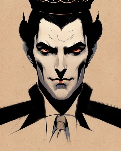 Prompt: handsome vampire prince with crown, symmetrical face, evil, portrait, cinematic, dramatic, powerful, super detailed and intricate, by koson ohara, by darwyn cooke, by greg rutkowski, by satoshi kon