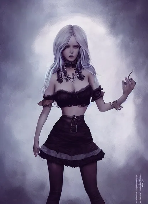 Image similar to kerli koiv in the art style of arcane. gothic mini skirt and crop top, fine art, matte painting, digital art, concept art, artgerm,, rule of 3 rds,