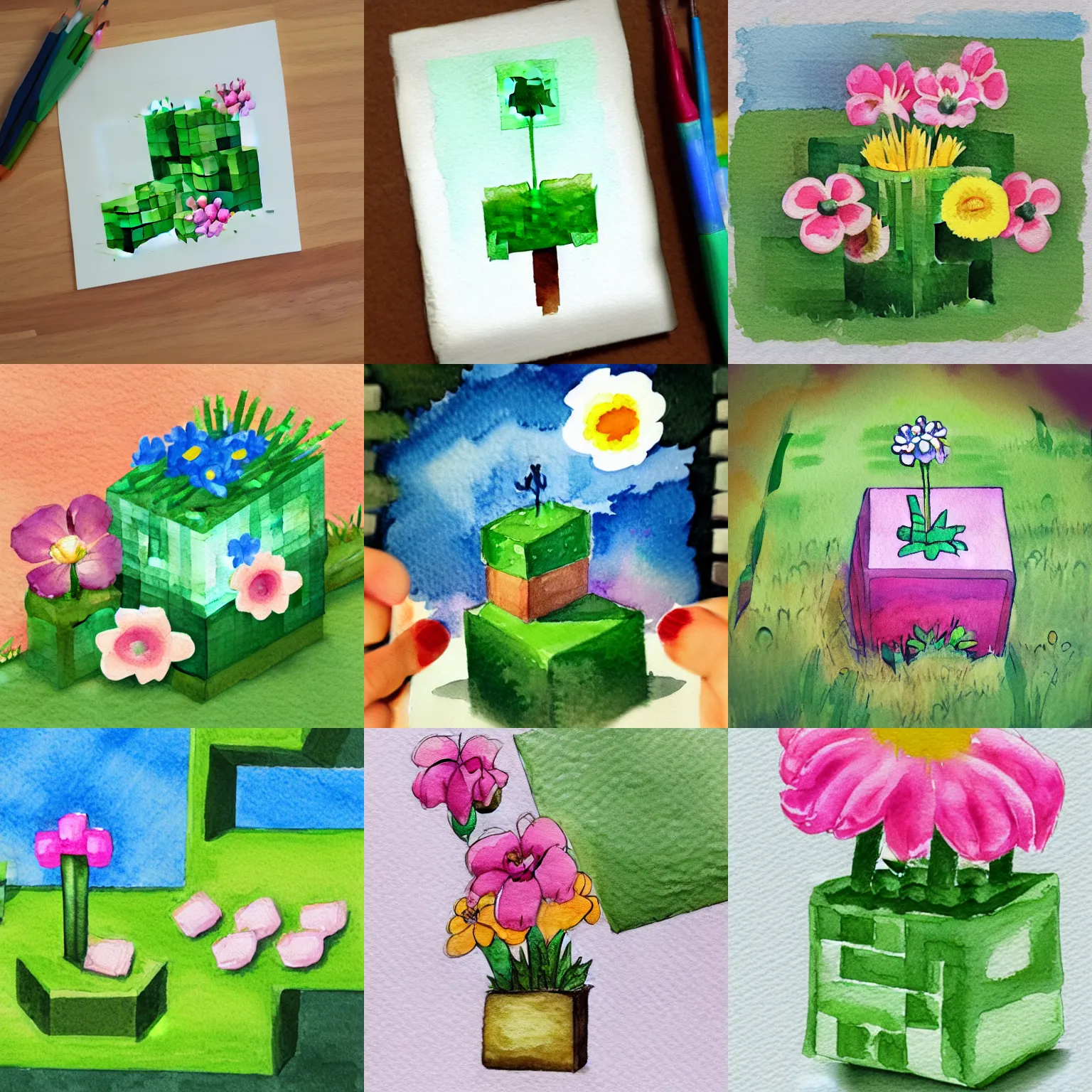 Prompt: cute watercolor illustration of a Minecraft grass block with a flower on top of it