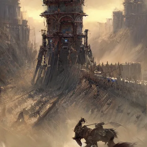 Image similar to a moving siege tower firing giant arrows, cartwheels, epic fantasy style art by Craig Mullins, fantasy epic digital art, epic fantasy card game art by Greg Rutkowski