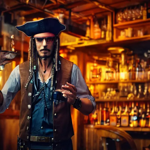 Prompt: high quality portrait of a pirate bartender in a cyberpunk cyberpunk cyberpunk cafe, realism, 8k, award winning photo