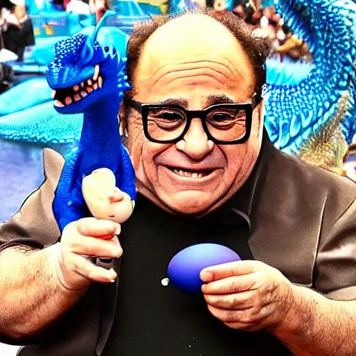 Image similar to danny devito offering a blue dragon an egg, photo, award winning, cover