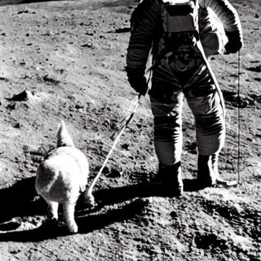 Image similar to a child taking his dog for a walk on the moon near the human settlement