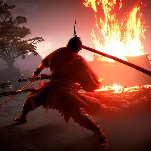 Image similar to japanese ninja boss inspired from sekiro shadows die twice near a camp fire, holding katana, evening time, digital illustration, crisp details, highly detailed art, 8k image quality, full body camera shot