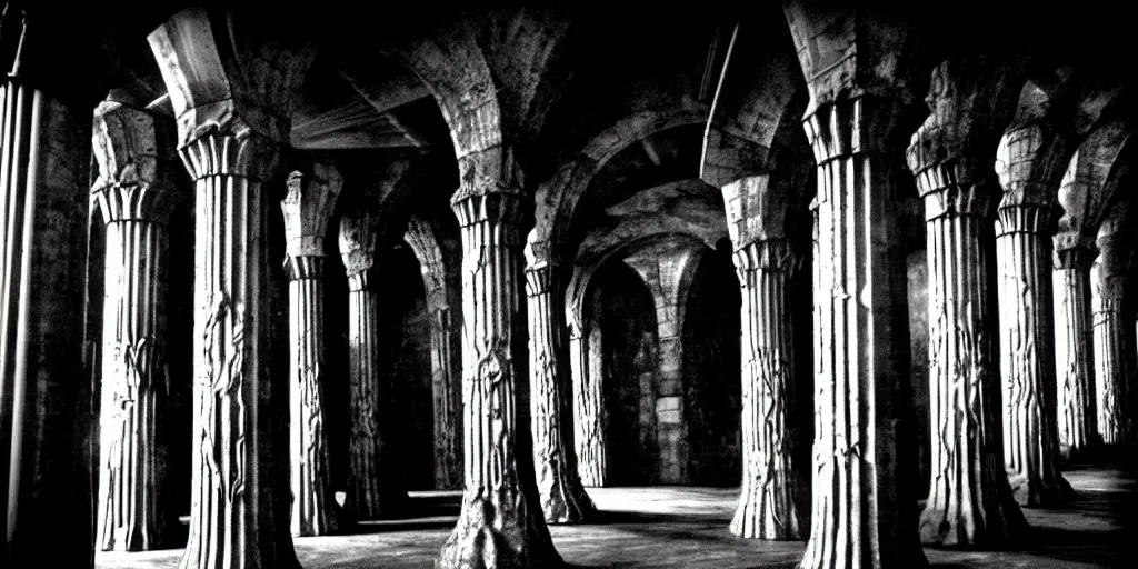 Image similar to durin's bane in the great hall of moria, columns along both sides of the great hall, style of h. r. giger, dark, cinematic