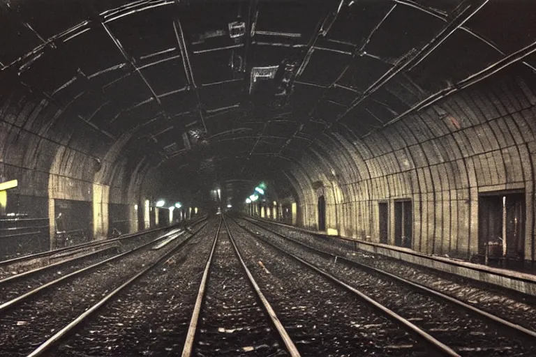 Image similar to very large giant mutant zombie irradiated ( angry rat ) staying on railways in tonnel of moscow subway. extreme high detail, very realistic. extreme long shot, low dark light, scary mood, anish kapoor, herman nitsch.