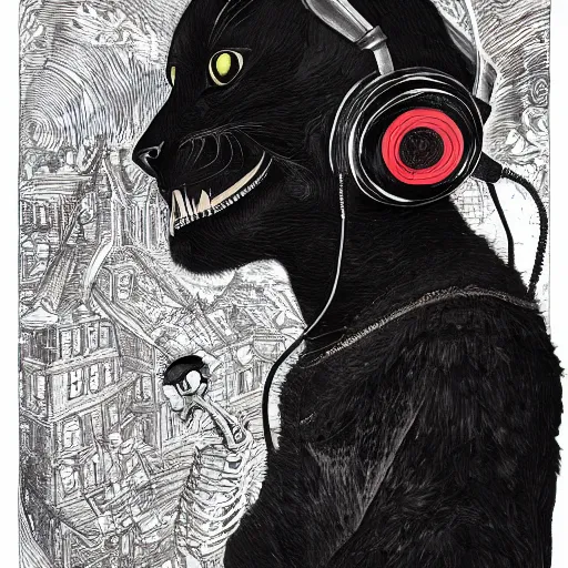 Image similar to skeleton wearing headphones, watching girl playing guitar while her black cat standing next to her, detailed intricate ink illustration, dark atmosphere, detailed illustration, hd, 4k, digital art, overdetailed art, by greg rutkowski, by loish, complementing colors, Trending on artstation