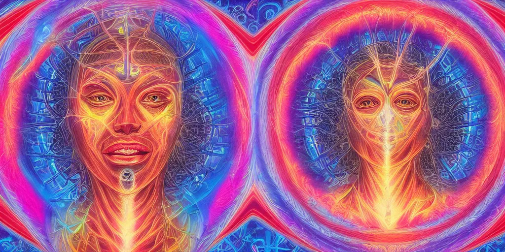 Image similar to ai transcendence into collaborative intelligence, connectedness, body, by alex grey, album cover, award winning, beautiful, colorful, volumetric lighting, trending on artstation