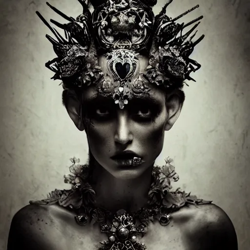 Image similar to a portrait of female model by stefan geselle and nekro borja, photorealistic, intricate details, hyper realistic, dark fantasy, ornate headpiece, dark beauty, photorealistic, canon r 3, photography, wide shot, glamour pose, surrealism