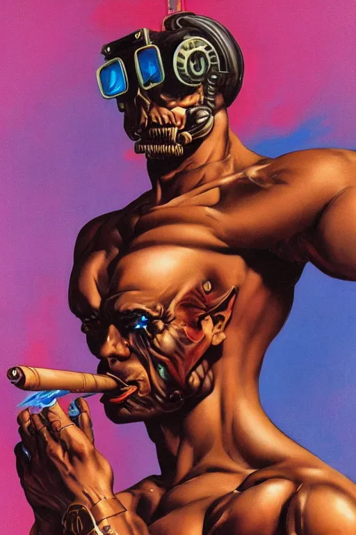 Image similar to A muscular android smoking a cigar in a cyberpunk setting, by Frank Frazetta, 1980s synthwave color palette, Trending on Artstation, highly detailed,