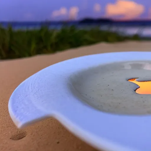 Image similar to professional photo of an empty white dish over a table with a sunset on the beach in the background