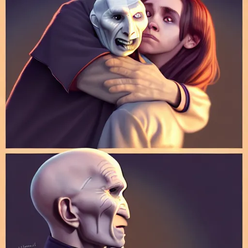 Prompt: voldemort hugging hermione, stylized, artstation, hd, cgsociety, cgi, realistic, dramatic, cinematic, artistic, trending, detailed