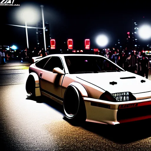 Image similar to a car 300ZX twin turbo drift at illegal car meet, Shibuya prefecture, city midnight mist lights, cinematic lighting, photorealistic, highly detailed wheels, high detail