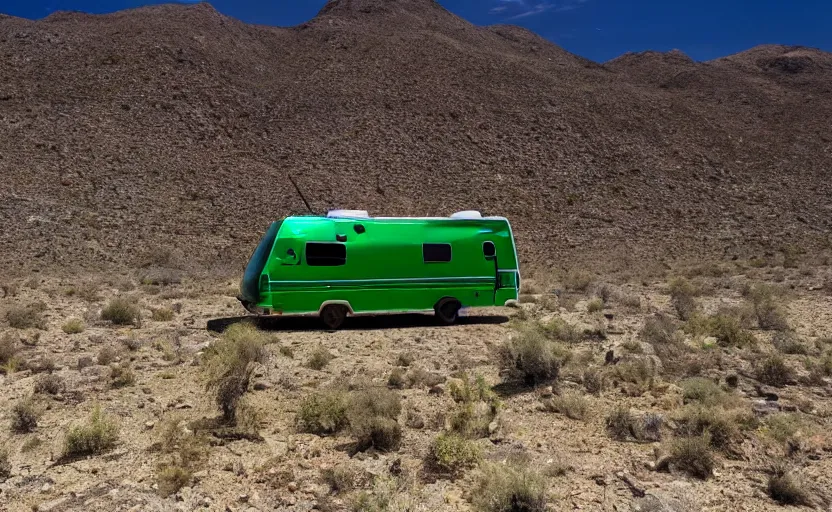 Image similar to a winnebago with green smoke from the top, in the desert, wide angle, cinematic