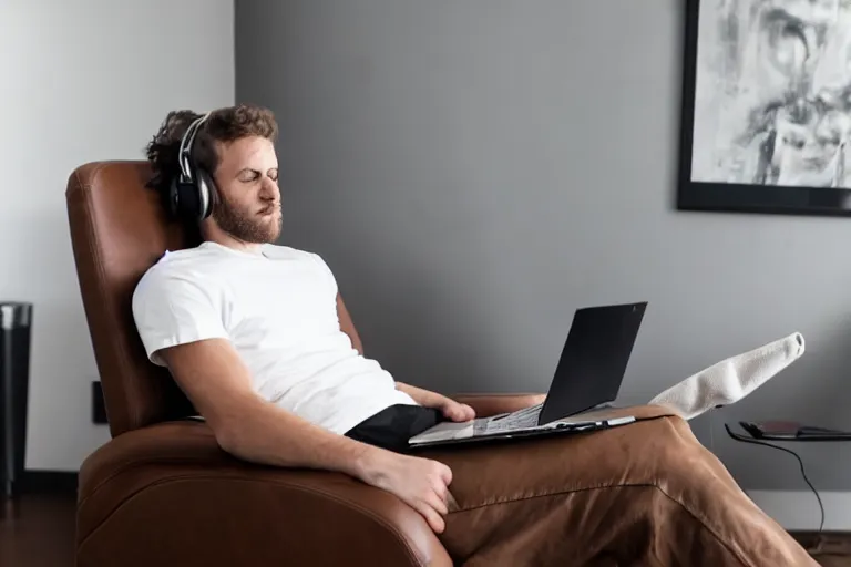 Image similar to a caucasian man who is deep in thought is wearing a white t - shirt and he is wearing black sweat pants and he is wearing headphones and he has a laptop computer sitting on his lap and he is sitting in a brown leather chair and the chair is in the reclining position and the man's legs are resting on the recliner of the chair