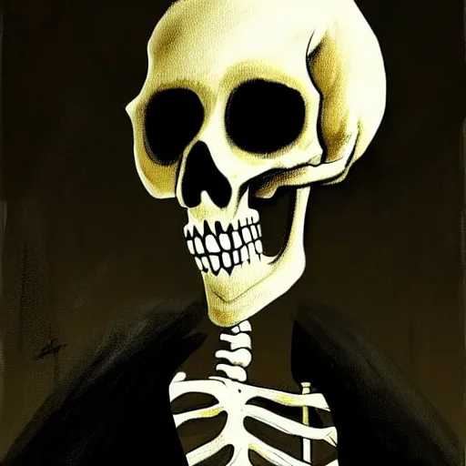 Image similar to a painting of a skeleton wearing a black coat, a digital painting by ben templesmith, featured on pixiv, digital art, apocalypse art, digital illustration, speedpainting