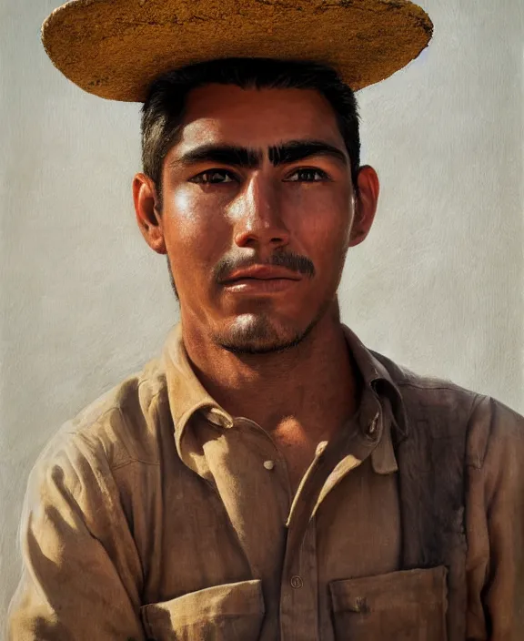 Prompt: heroic portrait of a handsome young mexican farmer, art by denys tsiperko and bogdan rezunenko, hyperrealism